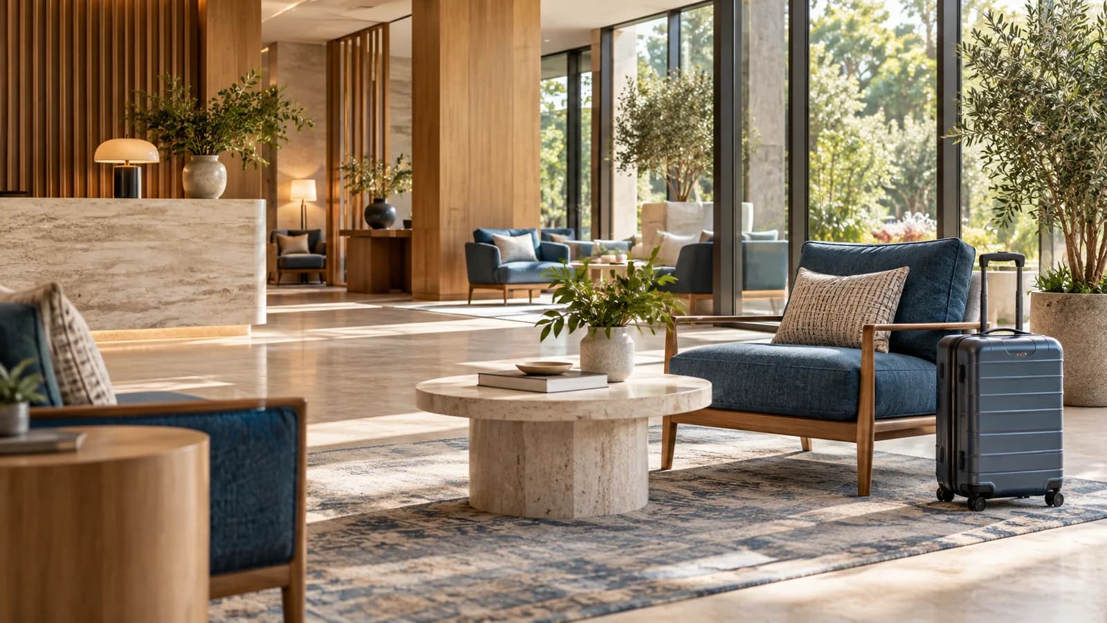 A sunlit hotel lounge and travel suitcase